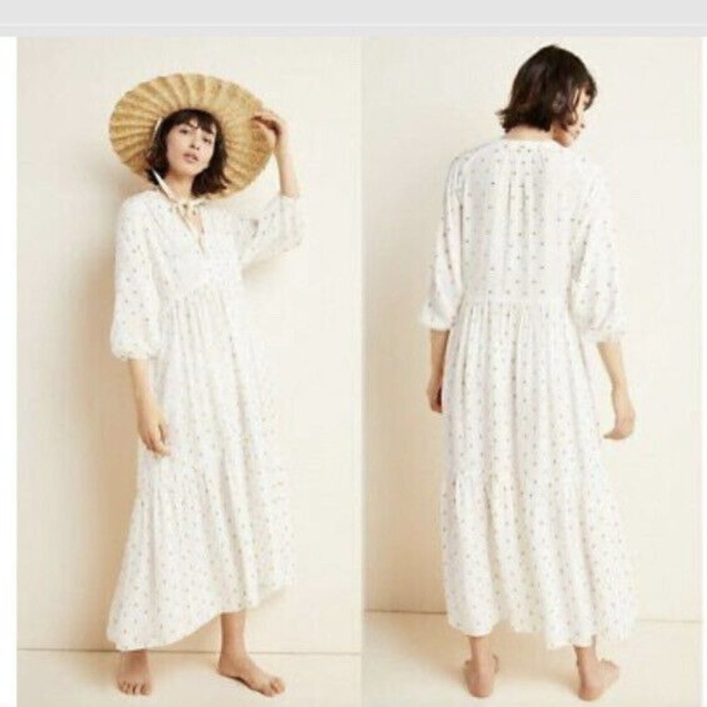 Anthropologie Womens Augustine Maxi‎ Dress White Gold Polka Dot 3/4 Sleeve S New
